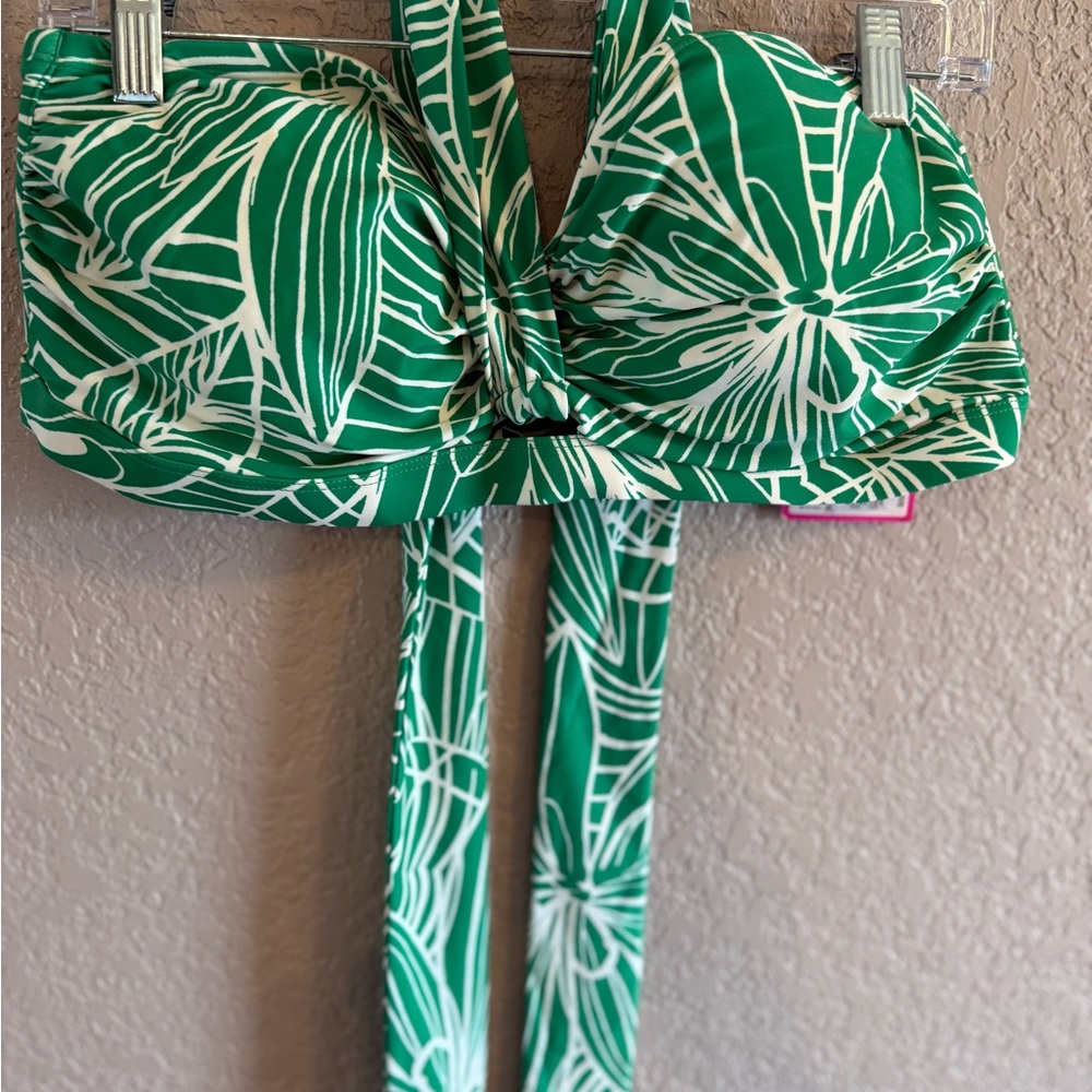Green and White Leaf Print Bikini Top